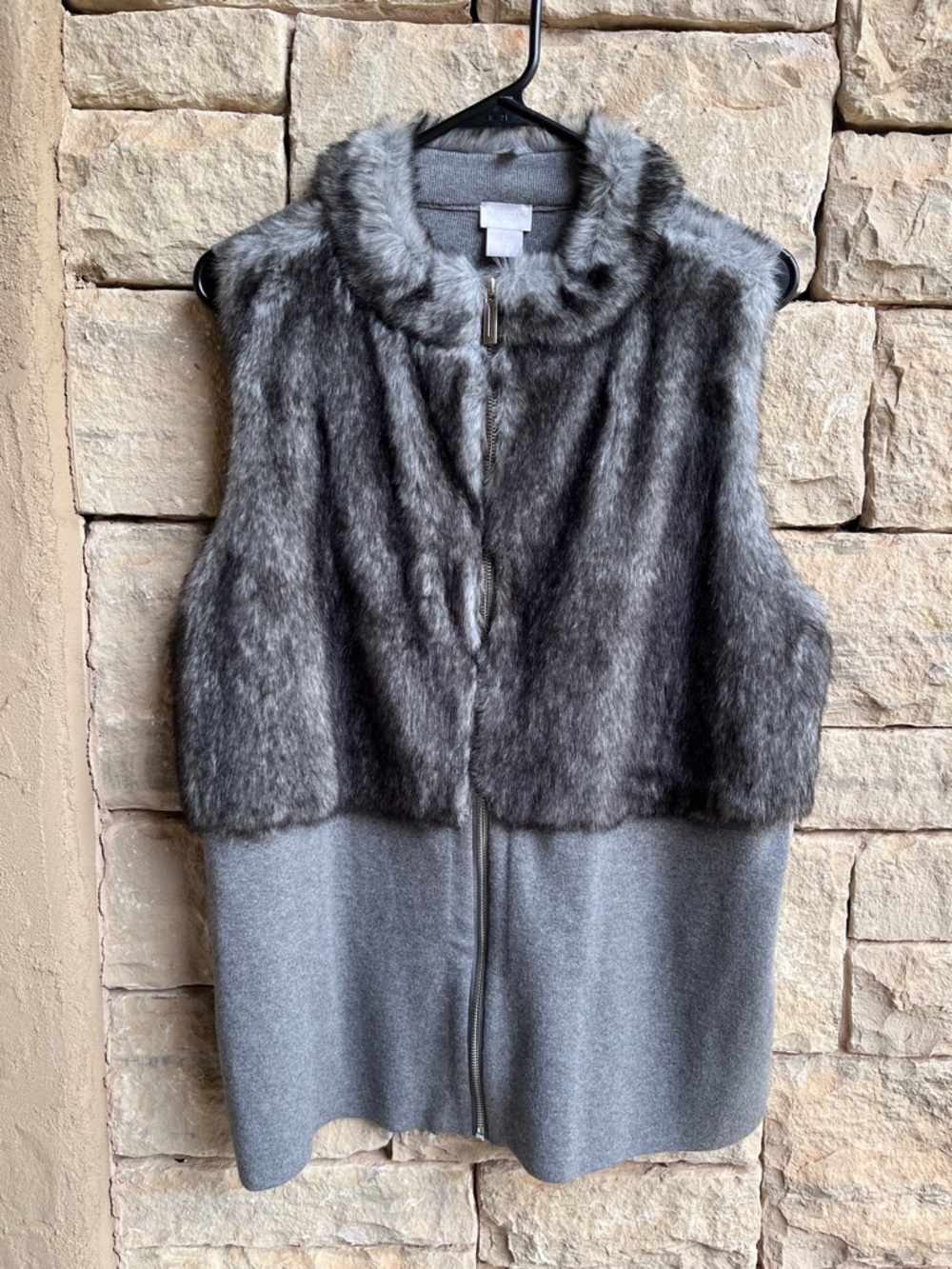 Chico’s Gray Faux Fur Zip-Front Vest - Women's Jacket Sz L Cotton Cashmere Blend